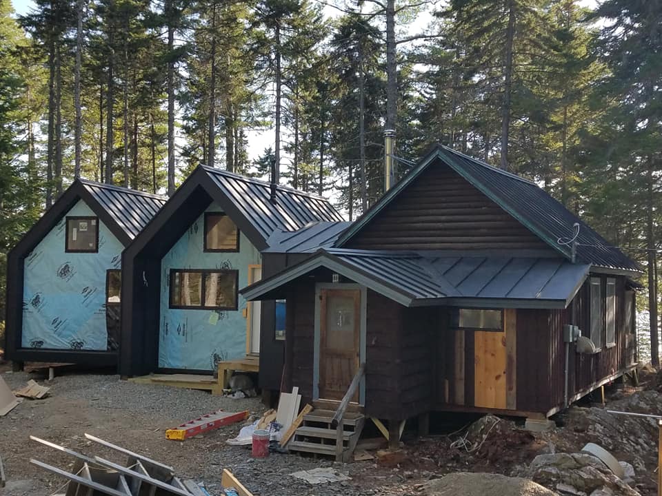 Back seam metal roofing as siding on entire house in woods